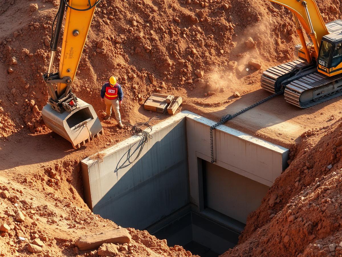 Excavator installing a concrete culvert on a civil earthworks site
