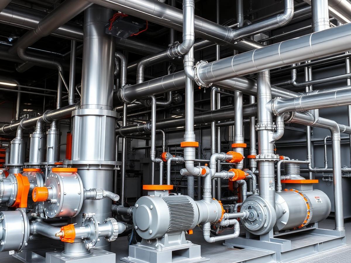 Industrial mechanical plant with stainless steel pipework and pumps